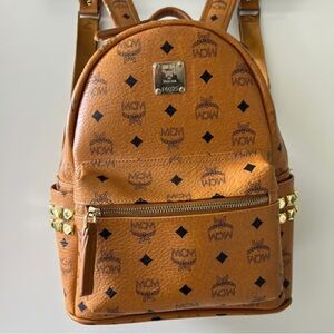 MCM Cognac Backpack with Black Logo Pattern